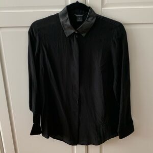 Club Monaco black silk shirt with leather collar, size S